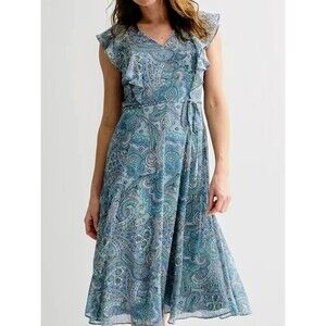 NWOT Harper Rose Women's V-Neck Sleeveless Ruffle, Paisley Midi Dress in Blue.